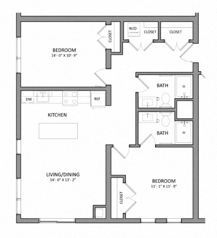 Floor plan for 2 beds, 2 baths, 925 sqft